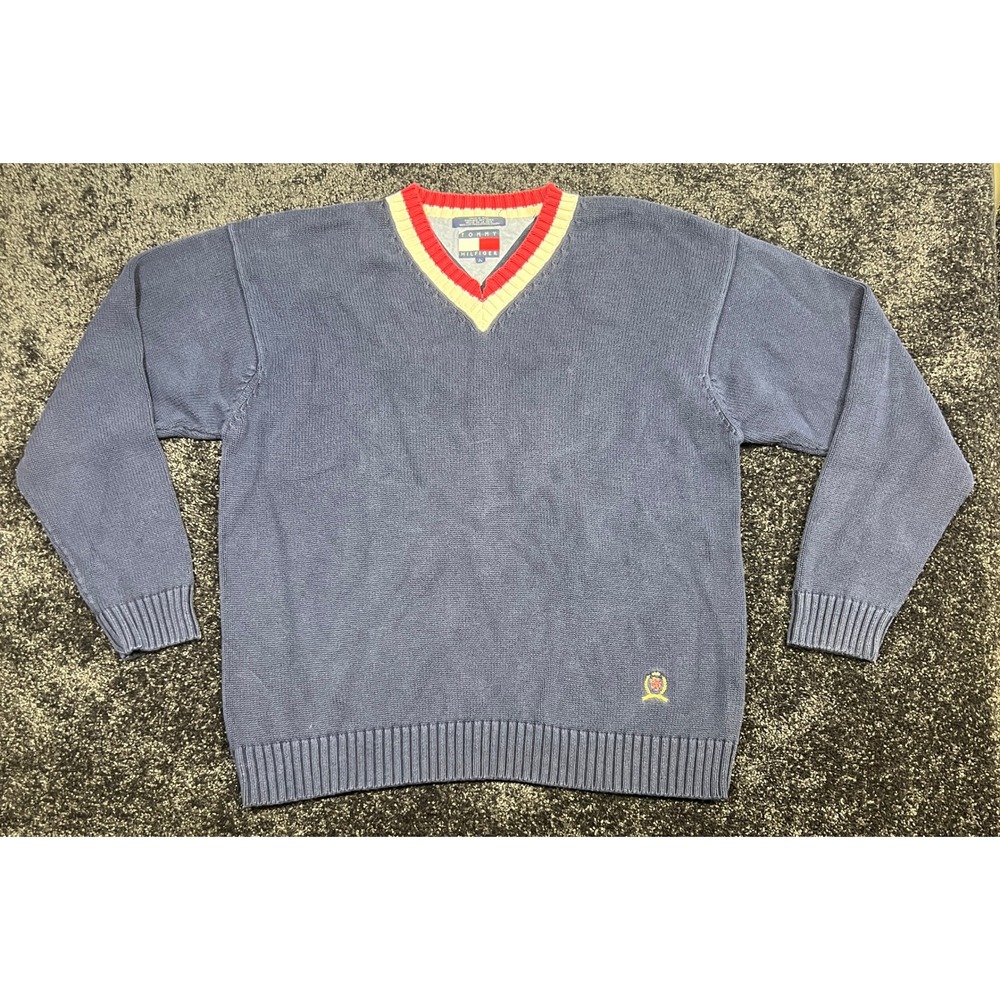 Tommy Hilfiger Mens Navy‎ V Neck Ribbed Knit Sweater Blue Red White *Small Flaw